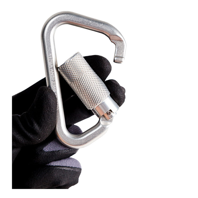 A gloved hand holds the Frontline Aluminum Quarter Turn Locking Carabiner CAQ117 by Frontline Fall Protection, featuring a textured locking mechanism, shown against a white background.