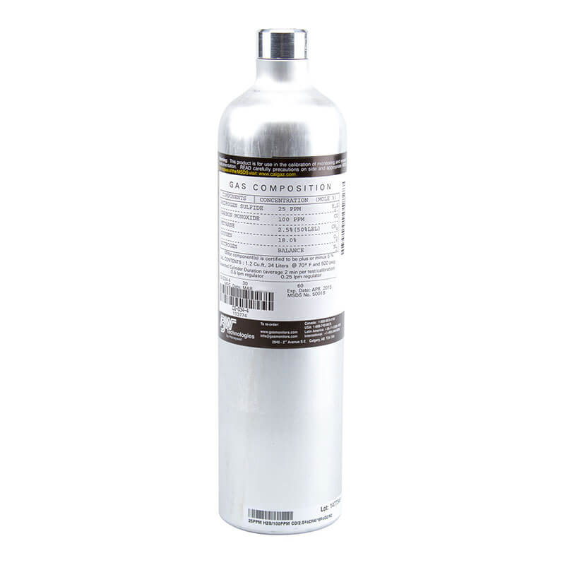 The BW Technologies by Honeywell CG-Q34-4 is a silver gas cylinder labeled with composition and concentrations, designed for accurate bump tests and calibration of BW 4 Gas Monitors.