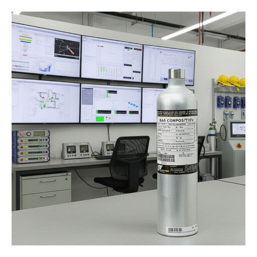 A metal gas cylinder labeled "Gas Compositivo" stands in a modern lab with monitors and equipmentβperfect for using the BW Technologies by Honeywell CG-Q34-4 for 4 Gas Monitor Bump Test and Gas Monitor Calibration.