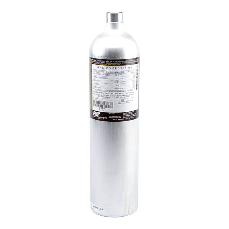 A tall, silver BW Technologies by Honeywell cylinder labeled with gas composition and safety details contains the BW 4-Gas 58L Calibration Mix CG-Q58-4. The narrow-necked cylinder stands upright on a white background.