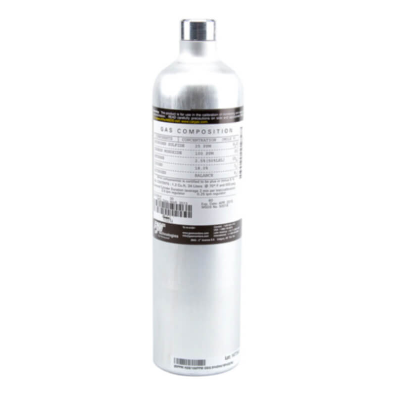 Against a plain white background stands a silver canister with a gray cap, its label indicating the BW Honeywell 5-Gas Calibration Mix CG-QT34-1 from PK Safety Supply, potentially used for devices such as the GasAlert Micro 5 IR Monitor.