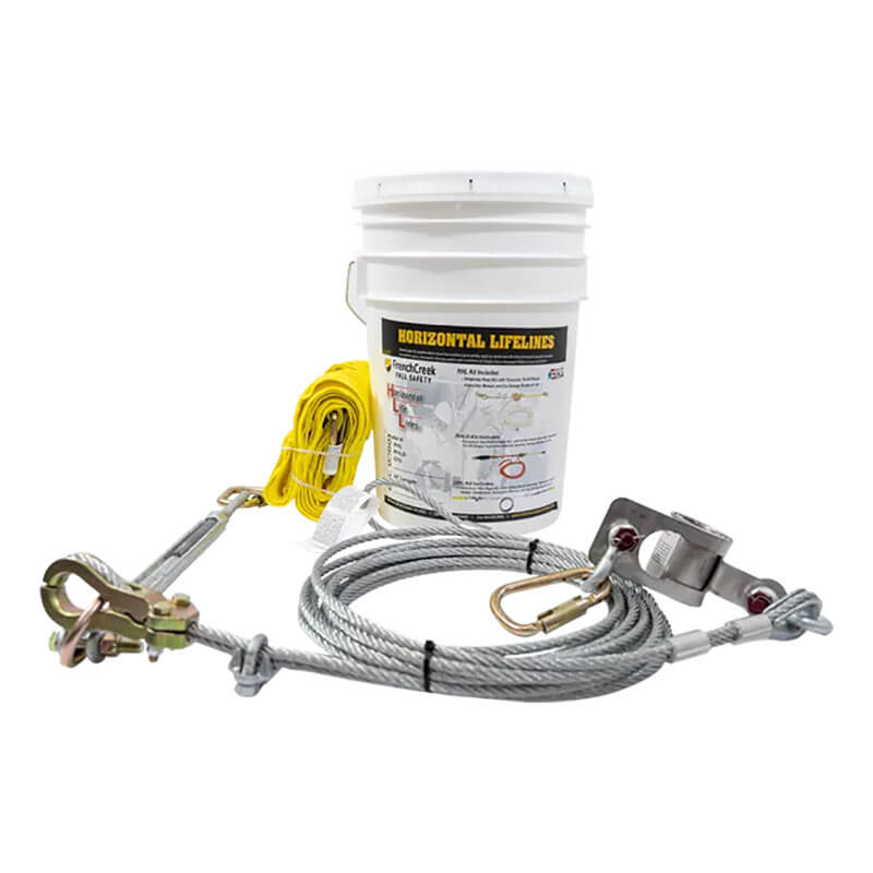 The French Creek Production CHL Wire Rope Horizontal Lifeline System includes a white bucket, coiled yellow rope, metal cables, carabiners, and steel connectors for reliable fall protection and safety at construction sites.