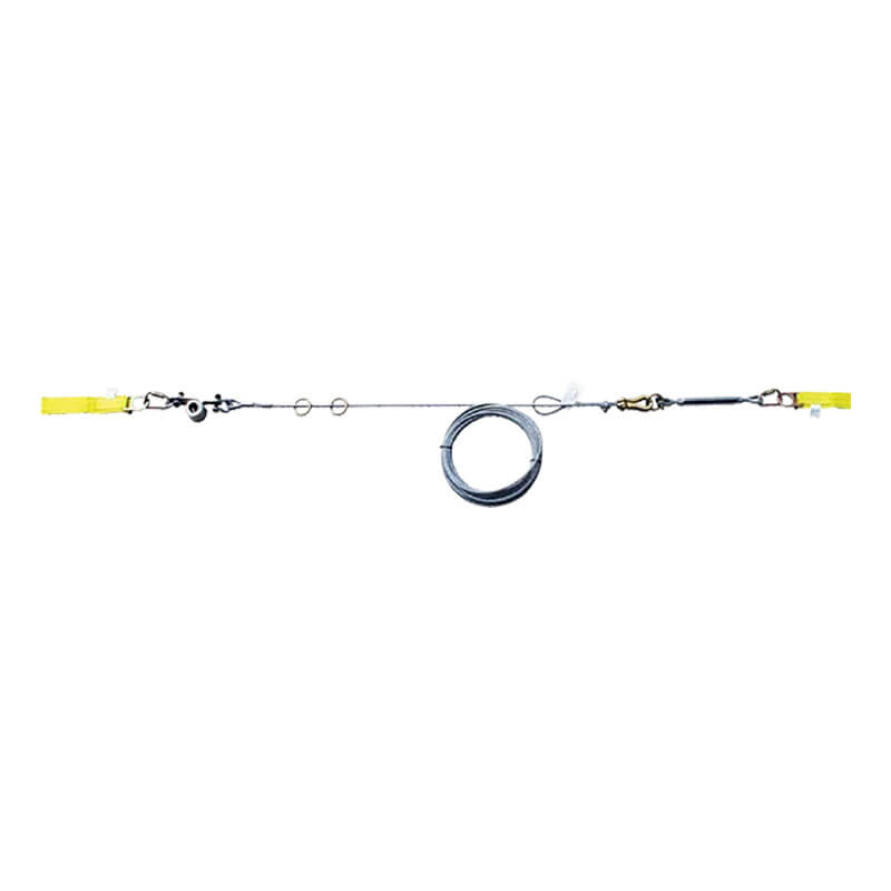 The French Creek CHL Wire Rope Horizontal Lifeline System by French Creek Production features a coiled wire rope lifeline, carabiners, metal rings, and yellow webbing straps at both ends, displayed against a white background.