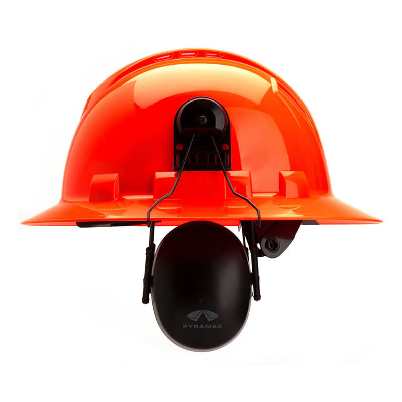 A Pyramex Safety CMFB6010 hard hat mounted earmuffs, featuring an orange safety helmet with black earmuffs for optimal hearing protection, is displayed front-on.