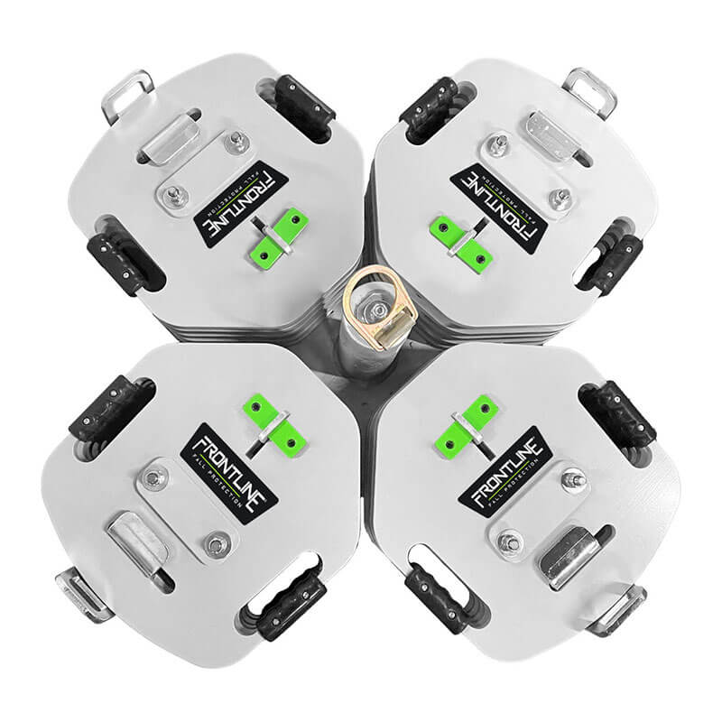 The Frontline Commando Counterweight Fall Protection System CO2NN by Frontline Fall Protection features four metallic square plates with handles and green accents, arranged symmetrically for non-penetrating fall arrest applications.
