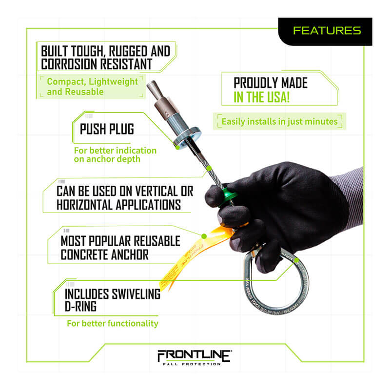 A gloved hand holds the Frontline Fall Protection Reusable 5K Anchor Bolt w/Swivel D-Ring COB345KSV, a tough, lightweight, corrosion-resistant anchor with easy push plug for fall protection on vertical/horizontal surfaces; made in the USA.
