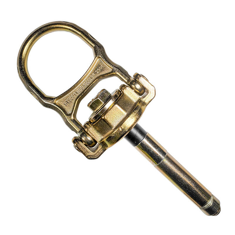 The Frontline ALPHA Swivel 5K Concrete Anchor COB5K by Frontline Fall Protection is a metallic, corrosion-protected concrete anchor with a large swiveling D-ring, rotatable joint, and threaded shaft—ideal for securing safety harnesses.