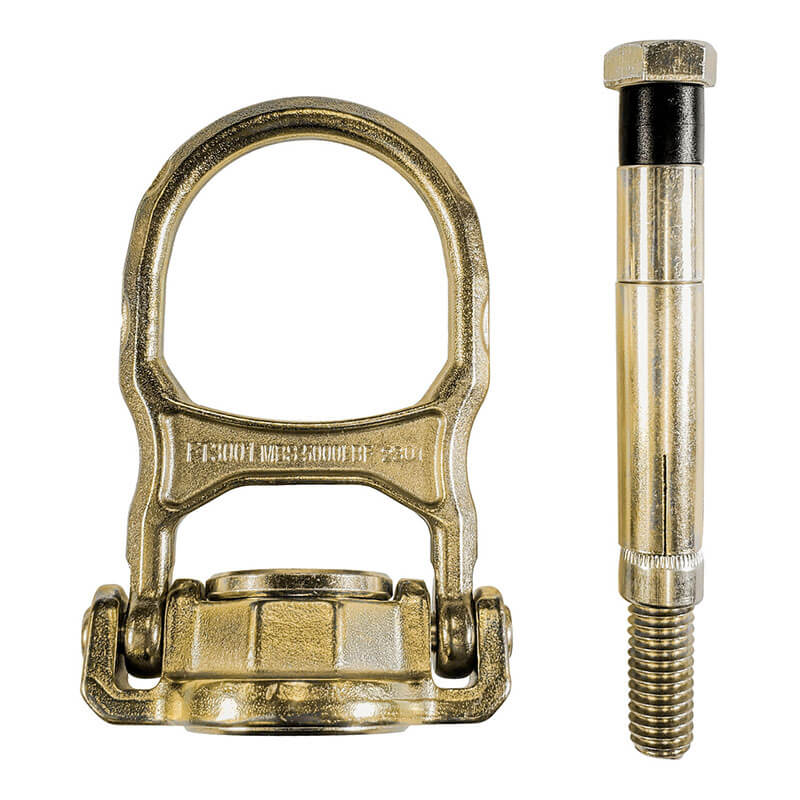 The Frontline Fall Protection ALPHA Swivel 5K Concrete Anchor COB5K, a gold-colored heavy-duty shackle with a swiveling D-ring and threaded bolt for corrosion protection, is shown side by side on a white background.