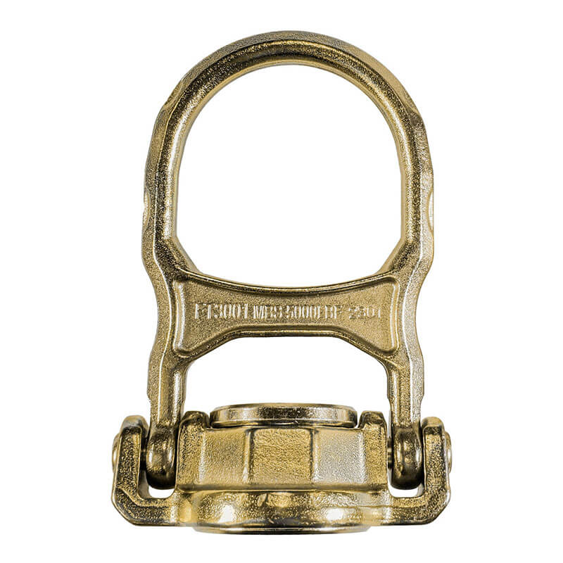 The Frontline ALPHA Swivel 5K Concrete Anchor COB5K by Frontline Fall Protection is a gold-toned steel D-ring tie-down with corrosion resistance, a flat base, pivoting ring, and “P.C.D. WLL 5,000 LBS” stamped on its bar for secure cargo anchoring.