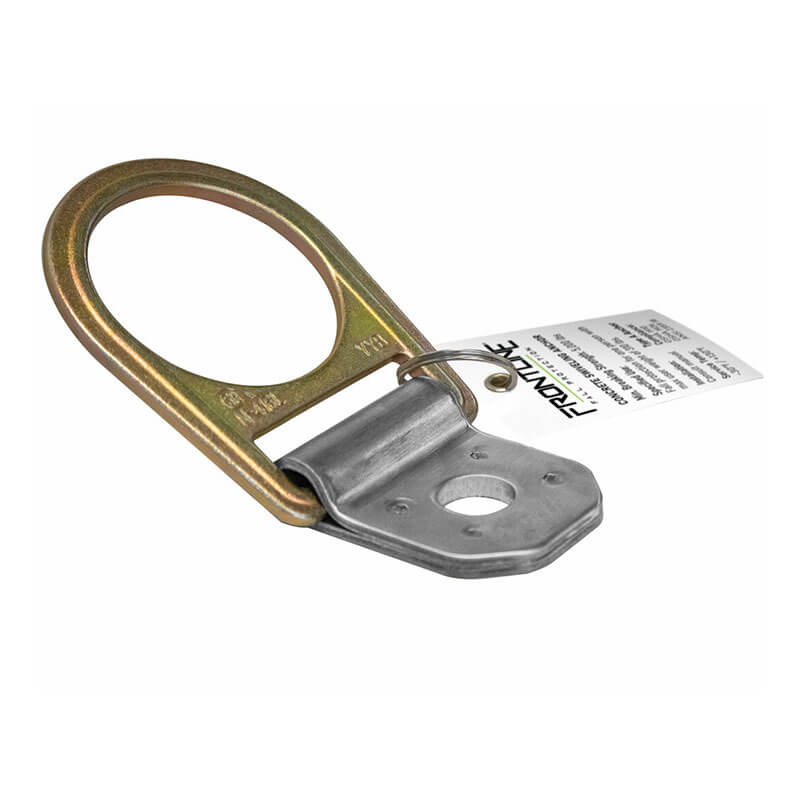The Frontline Fall Protection Concrete Swiveling Anchor COB01SW features a large circular ring on a flat, angled base with 360-degree rotation, ideal for reusable safety harness anchor applications. Includes product information tag.