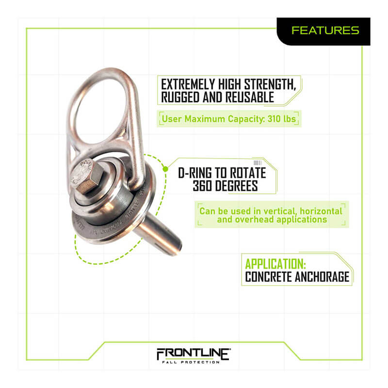 The Frontline MEGA Swivel 5K SS Concrete Anchor COM345K-SS by Frontline Fall Protection features a 360° swivel D-ring, high strength, 5,000 lb capacity, reusable design, and is ideal for various concrete anchorage applications.