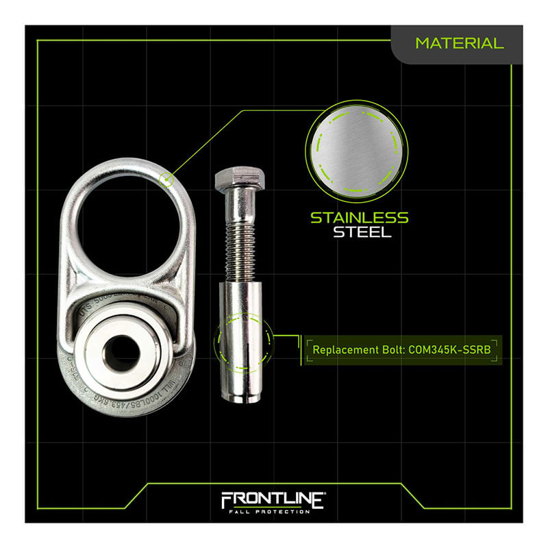 Diagram of the Frontline MEGA Swivel 5K SS Concrete Anchor COM345K-SS and replacement bolt, featuring 360° swivel, "STAINLESS STEEL," and "Frontline Fall Protection" on a black grid background.