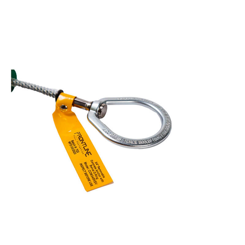 The Frontline Reusable 5K Anchor Bolt w/Swivel D-Ring COB345KSV by Frontline Fall Protection features a steel cable loop, silver metal eyelet, yellow tag, and Swivel D-Ring for fall protection or industrial lifting. White background.