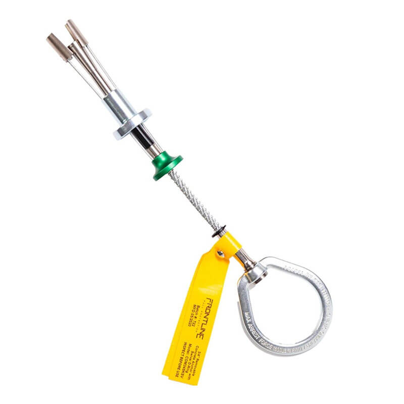 The Frontline Fall Protection Reusable 5K Anchor Bolt w/Swivel D-Ring (COB345KSV) features green/silver metal parts, a large swivel D-ring, and a yellow "Frontline" tag—ideal for fall protection in safety harness systems.