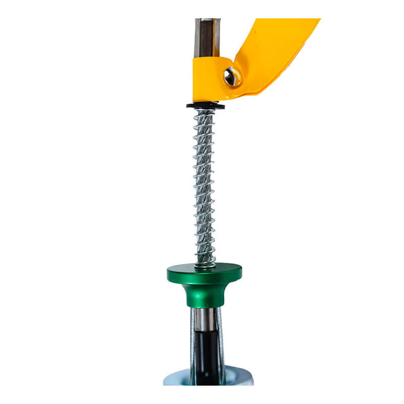 Close-up of Frontline Fall Protection's Reusable 5K Anchor Bolt with Swivel D-Ring (COB345KSV), a metal screw attached to a green and silver tool with yellow handle, isolated on white background.