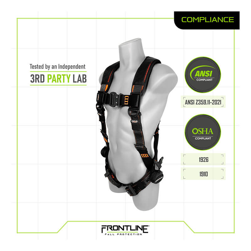 A gray mannequin wears the Frontline Combat Lite Vest Harness Aluminum HW & Straps by Frontline Fall Protection with suspension trauma straps and orange stitching. Text notes ANSI Z359.11-2021, OSHA 1926/1910, and “Tested by an Independent 3rd Party Lab.”.