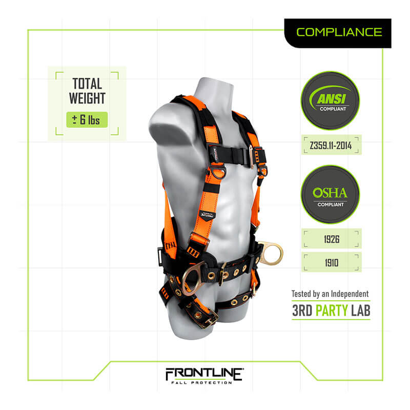 A mannequin wears the Frontline Combat Harness w/Tongue Buckle Belt & Legs 50CTB by Frontline Fall Protection. ANSI/OSHA compliant, 6+ lbs, third-party lab tested—ideal for construction harness safety.