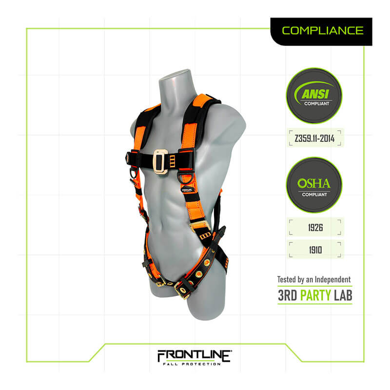 A gray mannequin wears the Frontline Fall Protection Combat Economy Harness w/Tongue Buckle Belt 50VTB in black and orange. Text highlights ANSI/OSHA compliance and third-party lab testing. The Frontline Fall Protection logo appears below.