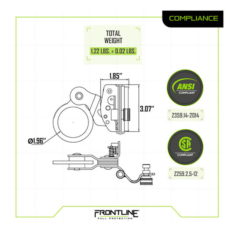 Technical diagram displays dimensions and 1.22 ± 0.02 lbs weight of the Frontline Self-Tracking Rope Grab for 5/8" Rope (RGSS58). Diagram labels show ANSI/CSA compliance and feature the Frontline Fall Protection logo at the bottom.