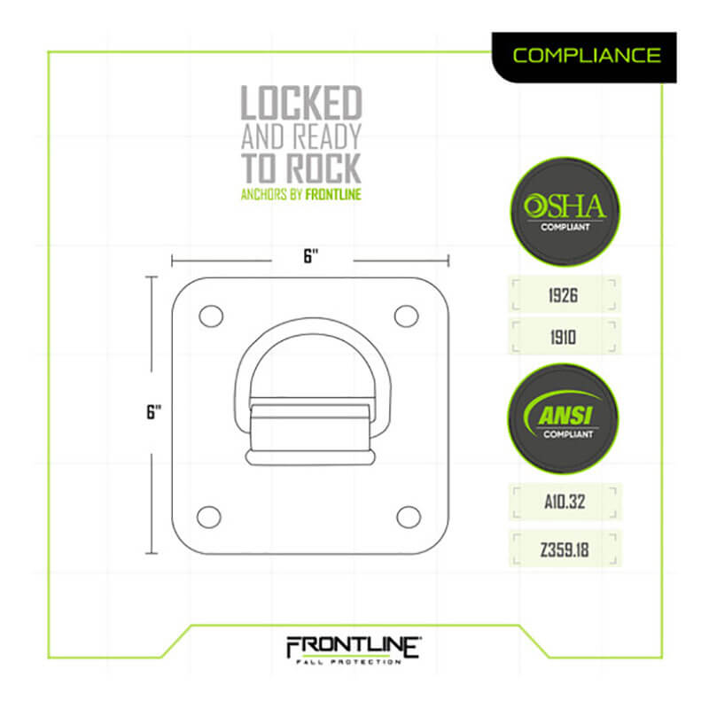 Technical drawing of the Frontline Concrete & Steel D-Ring Reusable Anchor Plate COP01 (6"x6"), showing a centered D-ring. Suitable as a fall arrest anchor for concrete and steel. OSHA/ANSI compliant, with the Frontline Fall Protection logo displayed.