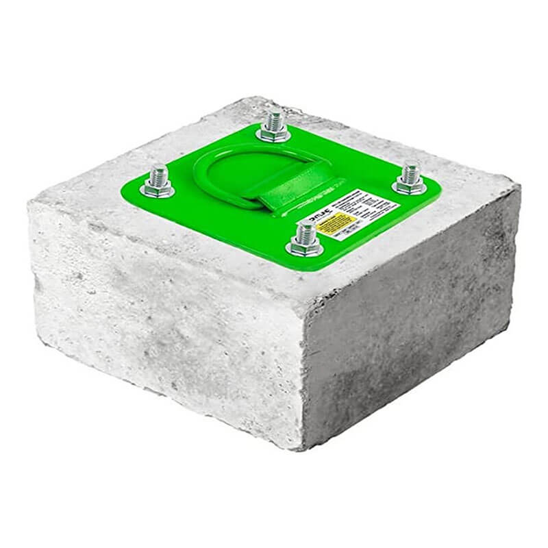 The Frontline Fall Production Concrete & Steel D-Ring Reusable Anchor Plate COP01 features a bright green metal lifting ring and four bolts on top, providing secure handling, transport, or fall arrest for heavy concrete items.