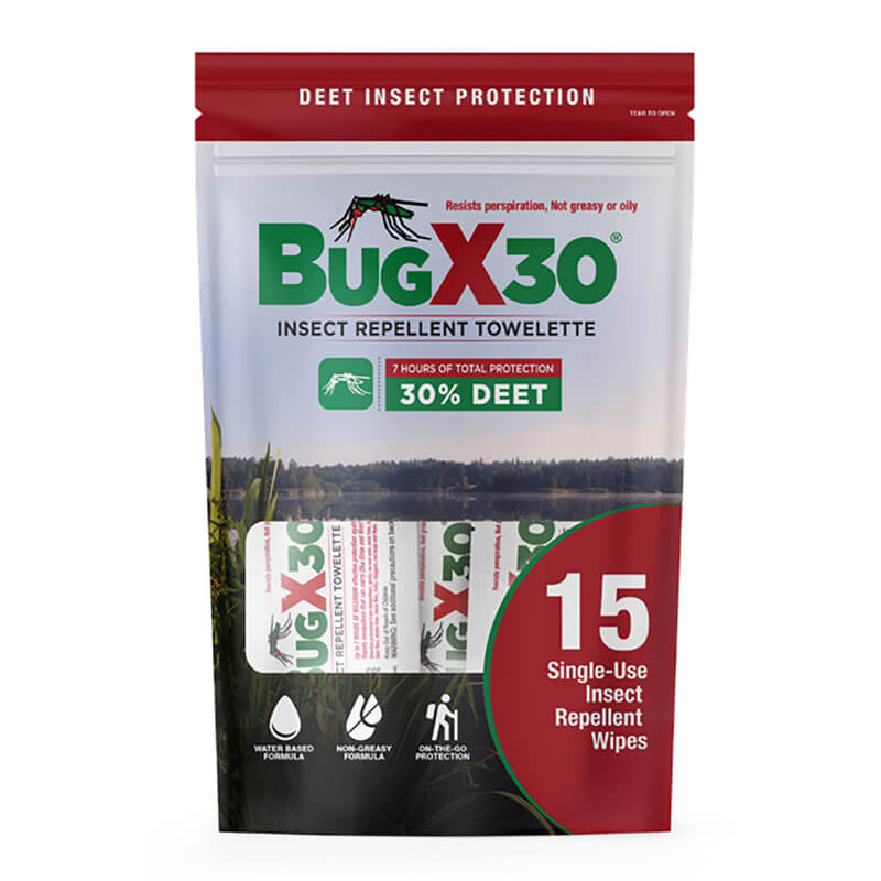 A case of Coretex Bug X 30 Insect Repellent Towelette 15ct Travel Bag contains 15 single-use, water-based wipes with 30% DEET, offering up to 7 hours of insect protection. Ideal for travel, from the trusted brand Coretex.