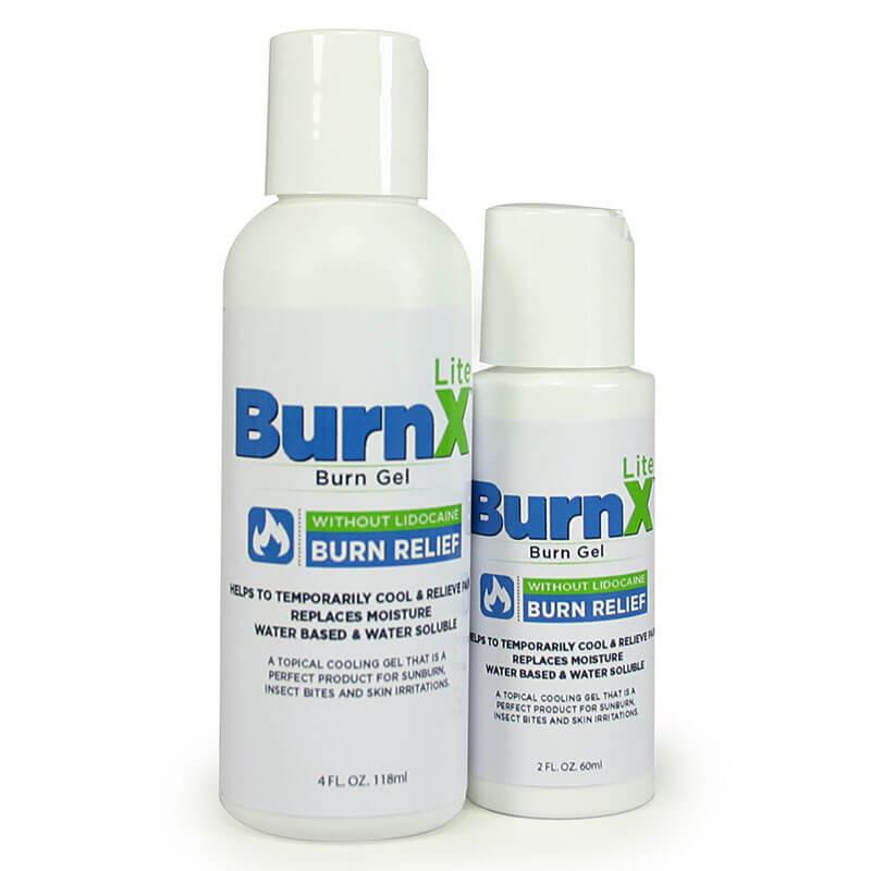 Displayed are two Coretex Lite Burn X Cooling Gel bottles. The larger bottle contains 4 fl oz, while the smaller has 2 fl oz, both providing water-based cooling relief without lidocaine for effective sunburn treatment.