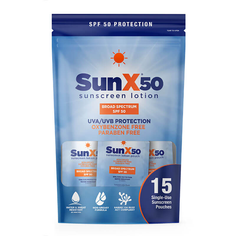 The Coretex Sun X SPF 50 Sunscreen Lotion Pouch 15ct Travel Bag offers broad spectrum, oxybenzone- and paraben-free protection with 15 single-use pouches for convenient, on-the-go sun safety.