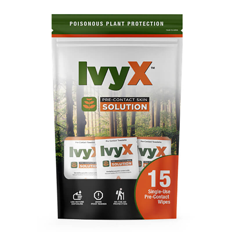 Front view of Coretex Ivy X Pre-Contact Solution Towelette 15ct Travel Bag (case); packaging with forest imagery and outdoor irritant icons, labeled for "poisonous plant protection"—ideal for travel bags.