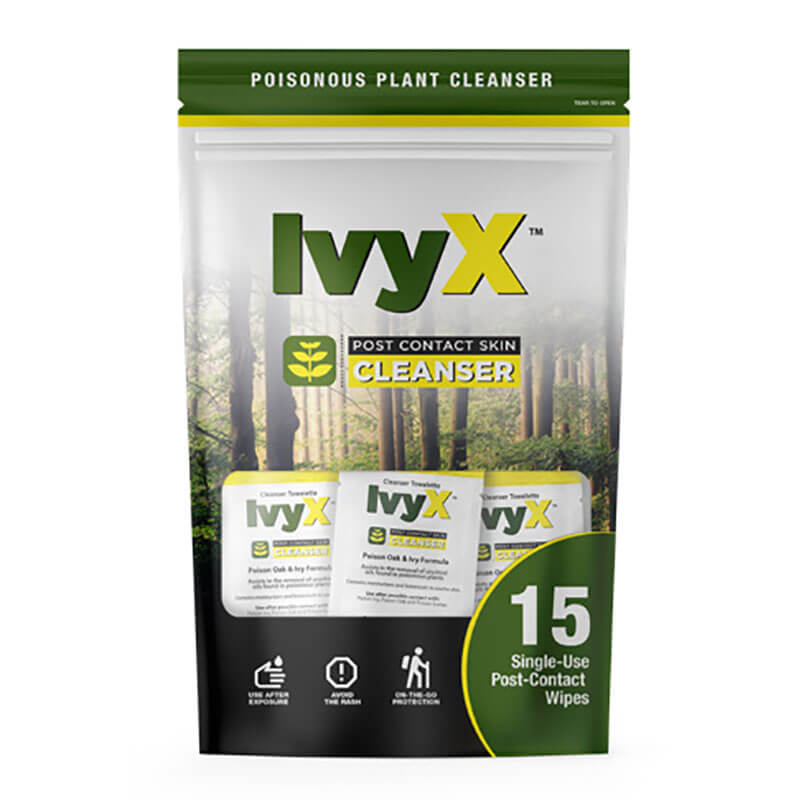 Coretex Ivy X Post-Contact Cleanser Towelette 15ct Travel Bag is a case of poison ivy removal wipes. The front shows 15 single-use packets for use after contact with poisonous plants, and images of three individual towelettes.