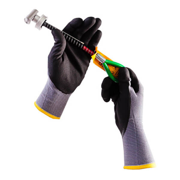 Two gloved hands operate the Frontline Reusable 5K Concrete & Steel Anchor Toggle Bolt by Frontline Fall Protection, featuring a yellow and green handle with a long black shaft, ideal for installing reusable anchor bolts against a white background.