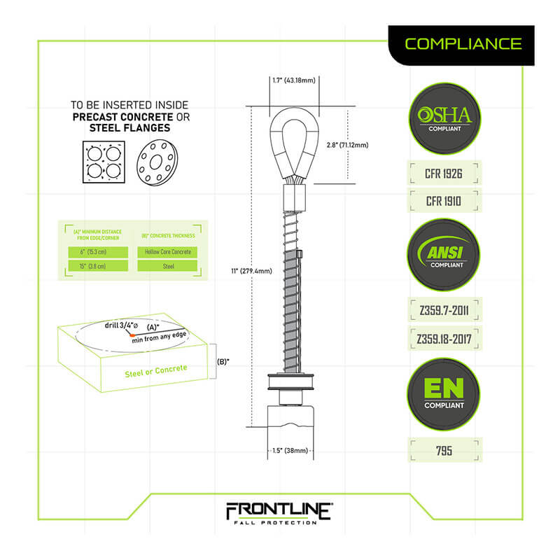 Technical diagram of the Frontline Reusable 5K Concrete & Steel Anchor Toggle Bolt with dimensions, install steps for precast concrete/steel, OSHA/ANSI/EN badges, and the Frontline Fall Protection logo at the bottom.