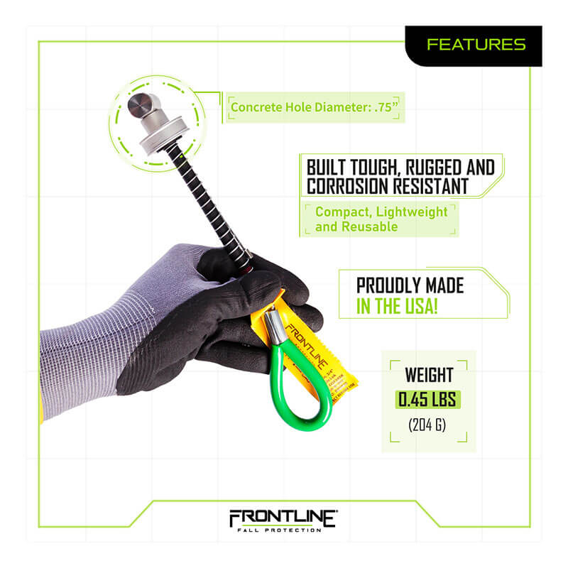 A gloved hand holds the Frontline Reusable 5K Concrete & Steel Anchor Toggle Bolt by Frontline Fall Protection, featuring a .75" hole diameter, tough corrosion-resistant build, lightweight design, reusable, USA-made, and weighing 0.45 lbs (204 g).