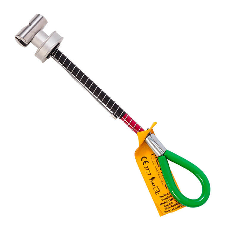 The Frontline Fall Protection Frontline Reusable 5K Concrete & Steel Anchor Toggle Bolt features a silver head, black and white stem, red accent, green looped handle, and yellow tag—ideal for those trusting reusable anchor bolts on tough routes.