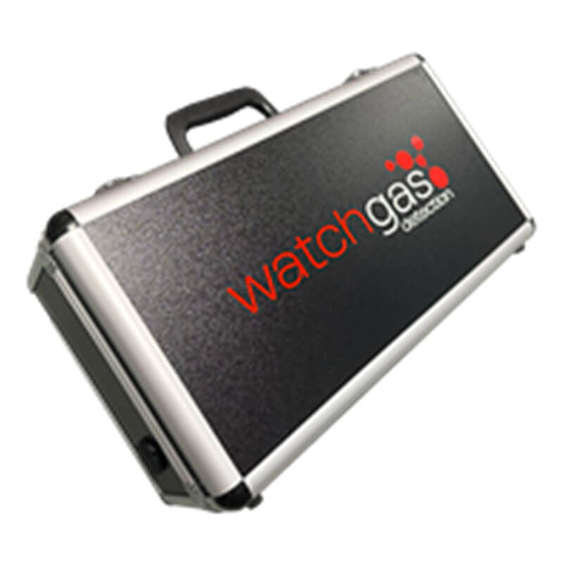 The WatchGas SST4-PUMP CS Aluminum Case w/Foam Insert features black and silver aluminum, a handle, and the WatchGas logo—perfect for securely storing the SST4-PUMP or gas detectors.