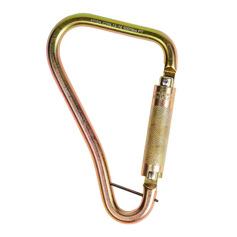 The Frontline Fall Protection Steel Quarter Turn-locking Carabiner Hook CSQ120 features a gold finish, auto lock gate, and engraved specs on top, shown against a white background.