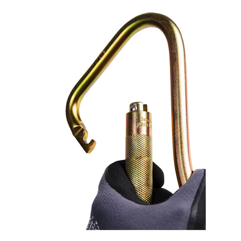 A gloved hand holds the Frontline Fall Protection Steel Quarter Turn-locking Carabiner Hook CSQ120, featuring a gold finish, textured grip, and auto lock gate, set against a white background.