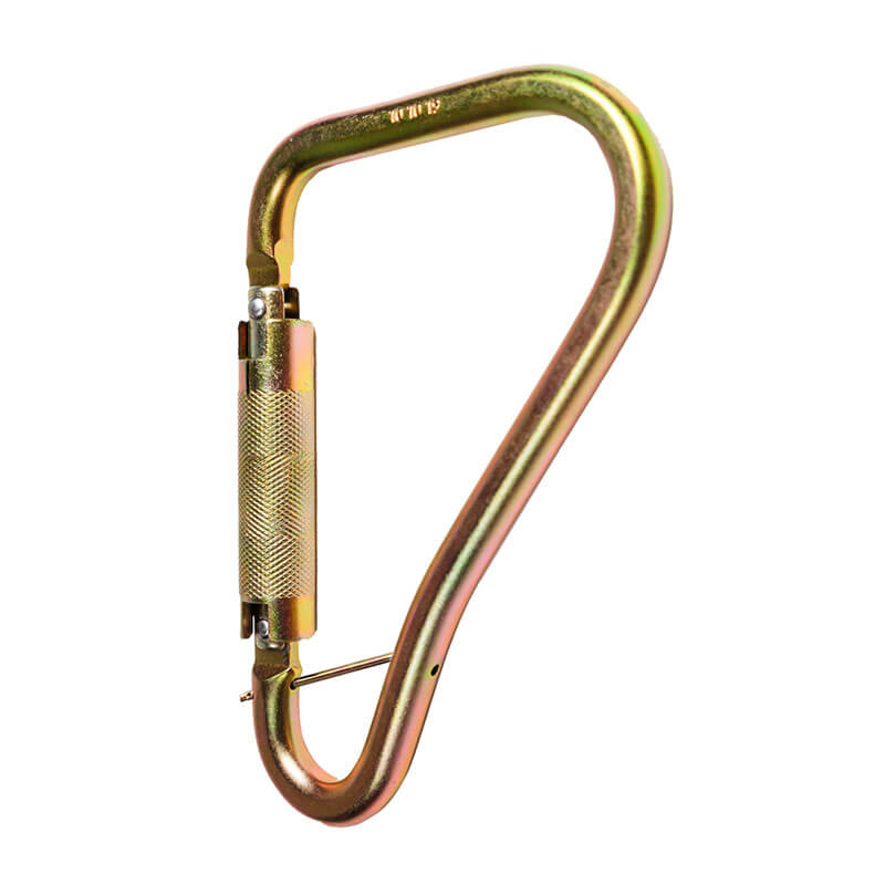 The Frontline Fall Protection Steel Quarter Turn-locking Carabiner Hook CSQ120 features a gold finish, auto lock gate, spring-loaded design, and high-strength construction, displayed on a white background.