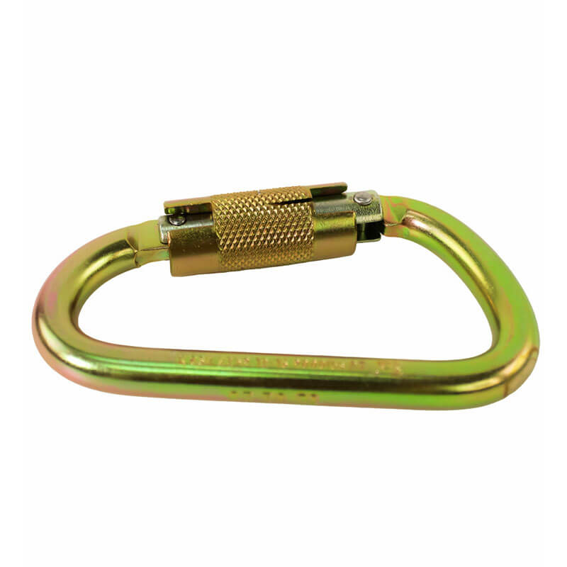 The Frontline Steel Quarter Turn-locking Carabiner CSQ184 by Frontline Fall Protection, gold-colored with a quarter turn-locking screw, is shown closed against a white background.