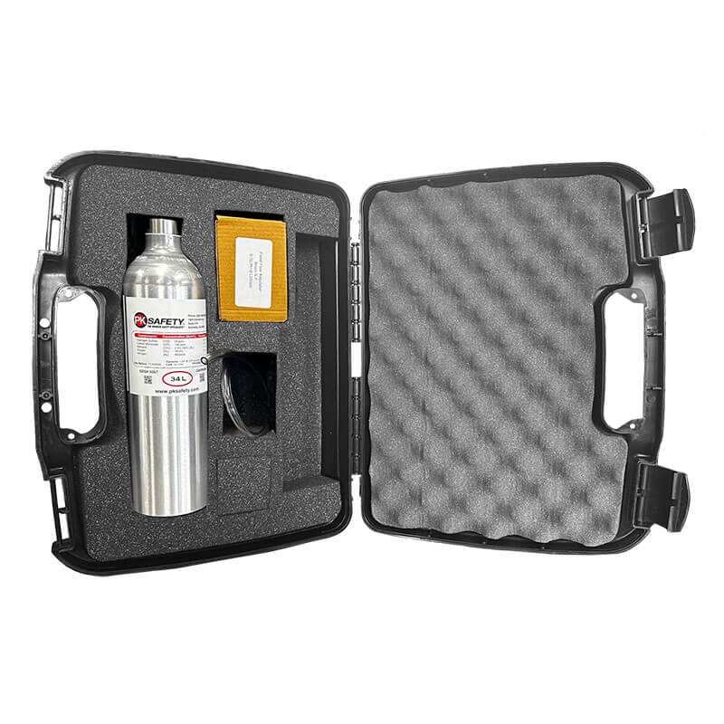 An open WatchGas SST4 MINI Diffusion Bundle carrying case displays a metal canister, safety goggles, a yellow calibration kit, and foam padding inside. The right side features gray egg-crate foam for added protection.