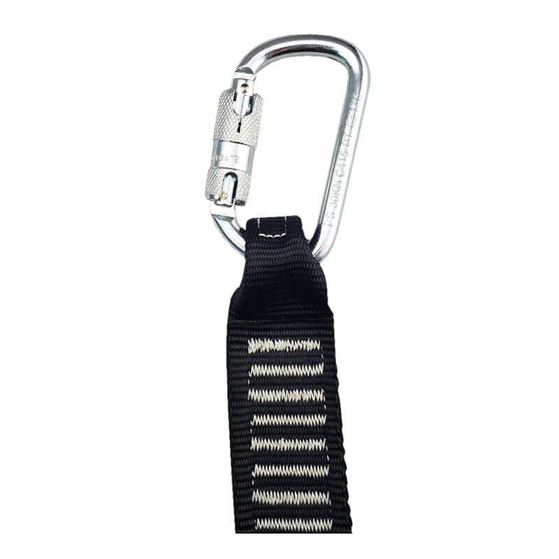 The Frontline Rescue 18' Ladder Kit with Pulley System (RLA18B) by Frontline Fall Protection features a silver locking carabiner on a black nylon strap with white stitching, and is compatible with OSHA-compliant pulley systems.