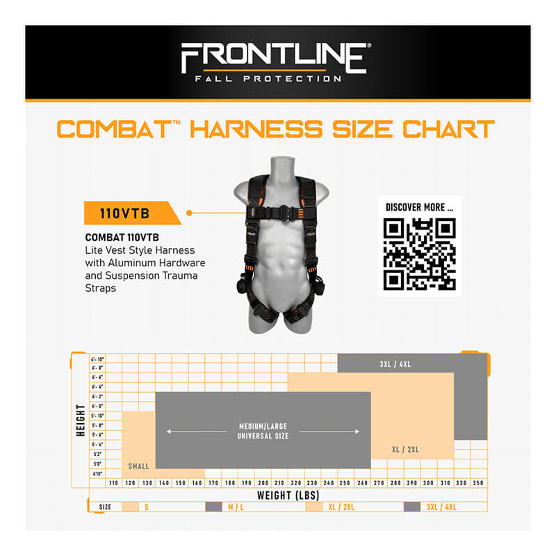 Frontline Fall Protection’s Combat Lite Vest Harness Aluminum HW & Straps size chart shows a mannequin with harness, trauma straps, QR code, and sizing grid for Medium/Large and 3XL/4XL universal fall protection sizes by height and weight.