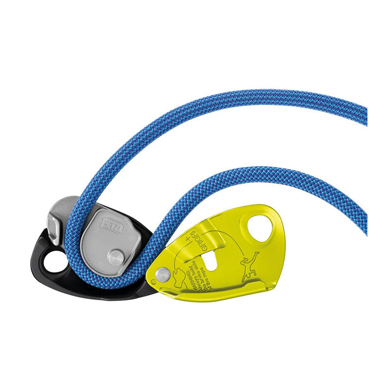 A blue climbing rope is threaded through the Petzl GRIGRI + Belay Device D015AA0_ by Petzl, a yellow and black cam-assisted belay device, shown against a white background.