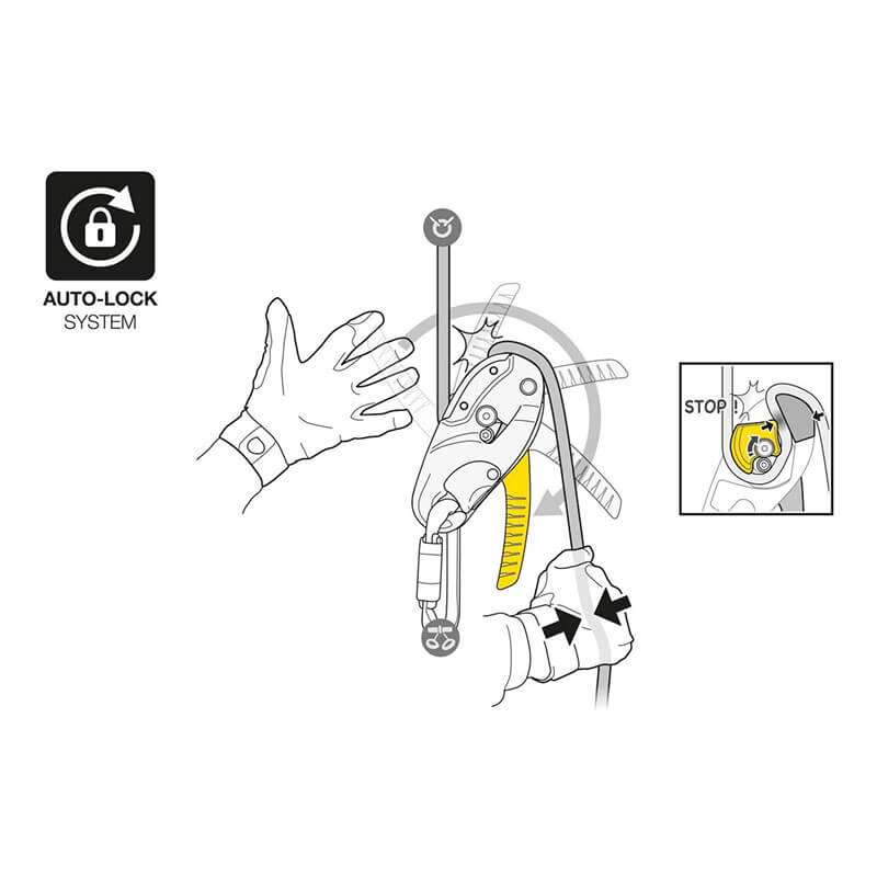 Illustration shows a gloved hand using the Petzl RIG Compact Descender D021_ _00, with arrows indicating rope direction. Inset displays the device in locked mode. AUTO-LOCK system icon appears on the left side. Brand: Petzl.