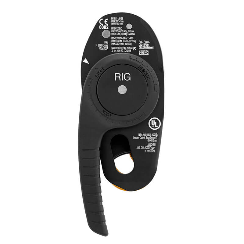 The Petzl RIG Compact Descender D021_ _00 features a control lever, lock, descent labels, safety certifications, and AUTO-LOCK technology for secure, efficient professional use.