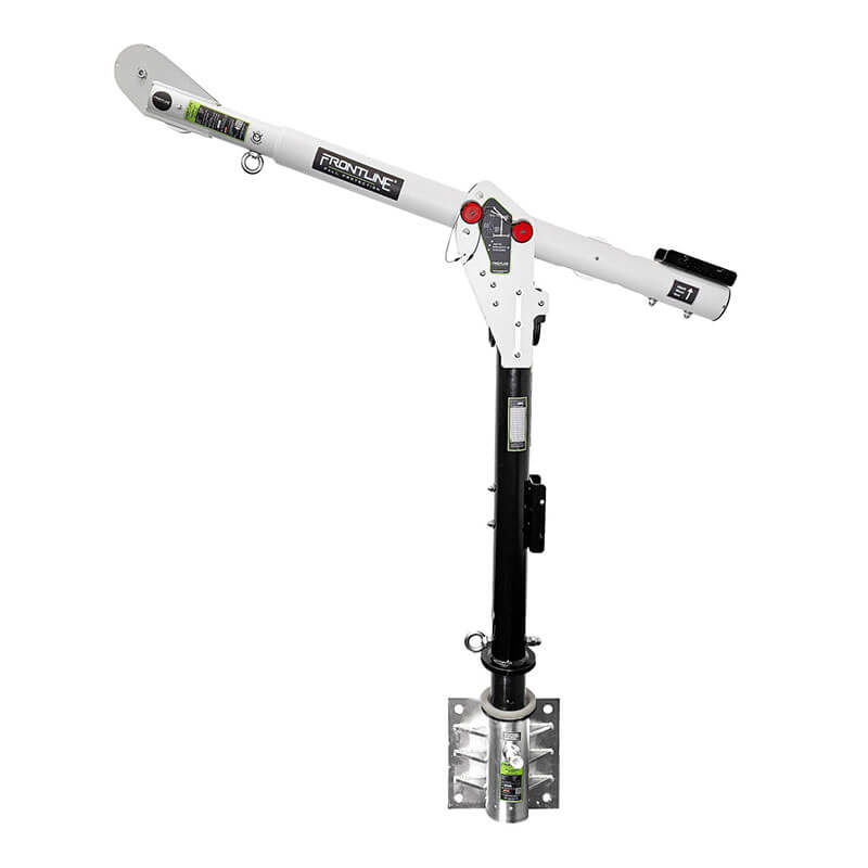 The Frontline Confined Space MEGA Davit Arm System w/Wall Mount by Frontline Fall Protection is a white and black metal davit arm with adjustment knobs, label markings, and a vertical post, ideal for use in fall arrest systems.