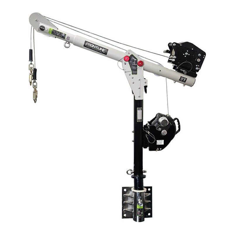 The Frontline Fall Protection Confined Space MEGA Davit Arm System w/Wall Mount is a portable crane with metal arm, winch, and hook on a black base for lifting heavy loads in confined spaces or as a wall-mount fall arrest system.