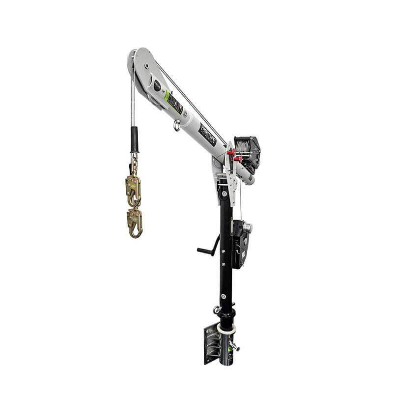 The Frontline Fall Protection Confined Space MEGA Davit Arm System w/Wall Mount is a portable silver and black system with winch and safety hook, ideal for lifting or lowering personnel or gear as part of a fall arrest setup.
