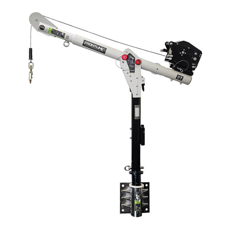 The Frontline Confined Space MEGA Davit Arm System w/Wall Mount by Frontline Fall Protection is a portable crane with manual winch, extendable arm, wall mount, cable hook, and black base for lifting heavy loads.
