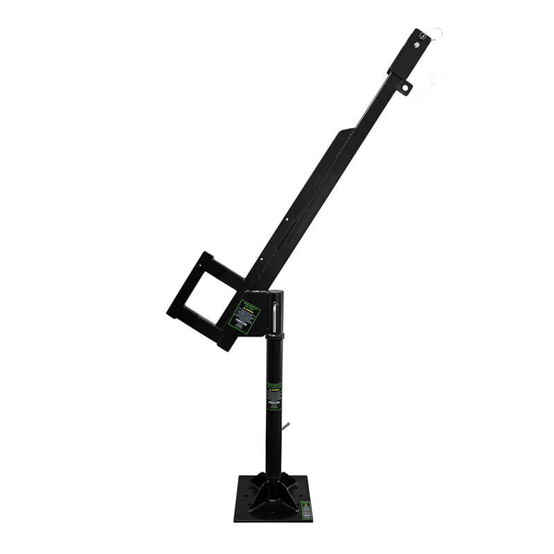 The Frontline Patriot Davit Confined Space System DAN75-US by Frontline Fall Protection is a black metal hitch-mounted hoist with adjustable arm, vertical post, and square base, featuring safety pins and green labels—ideal for confined space lifting.